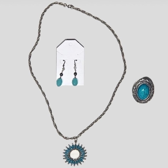 Vintage Turquoise Pendant Necklace Earrings Ring Jewelry Set - Picture 1 of 3